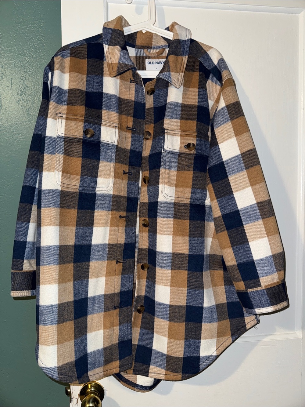 Old Navy Plaid Shacket in Navy, Tan & White